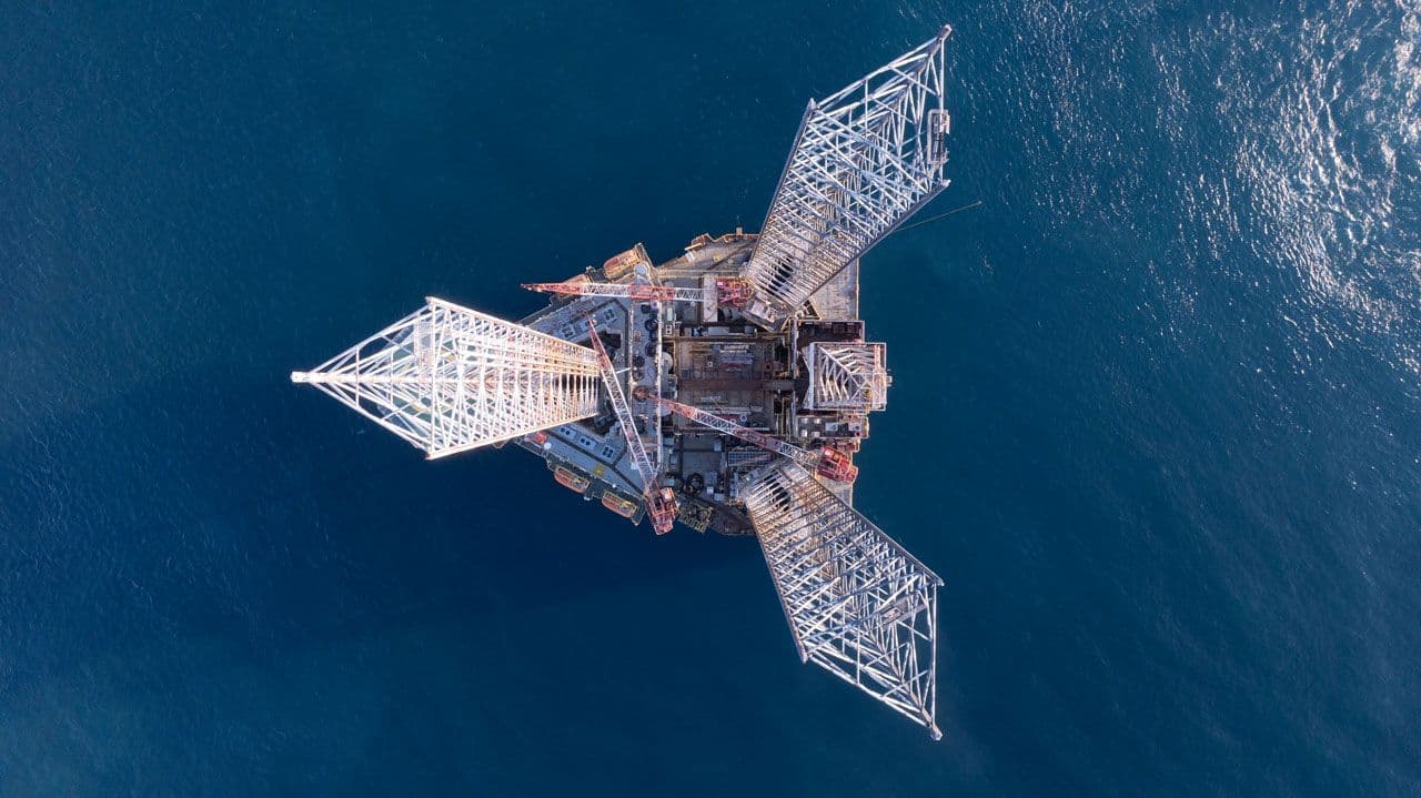 An aerial view of the Valaris 107 Jack up drilling rig